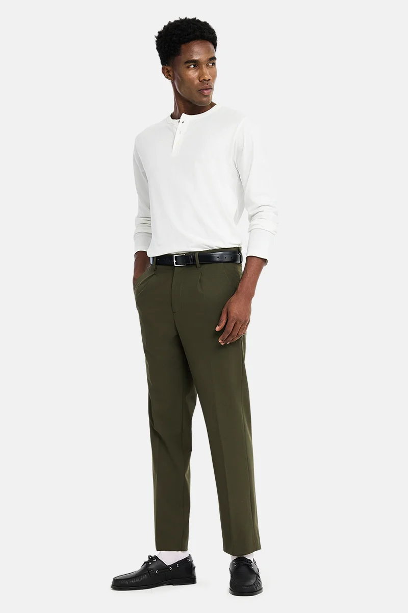 SNITCH Olive Olive Textured Regular Fit Formal Trousers for Men | Best Price UAE