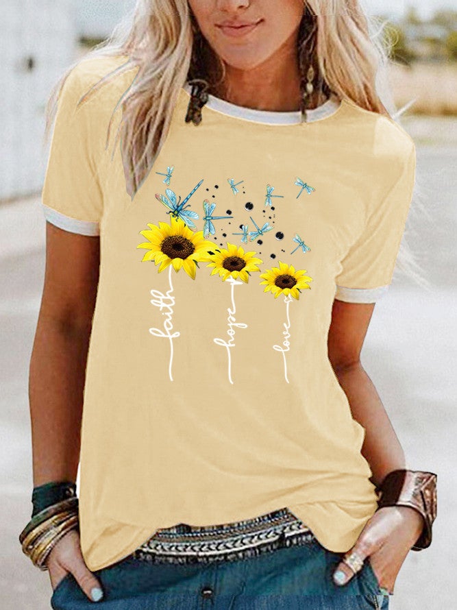 wish sunflower dragonfly pattern printing contrast color short sleeve t-shirt - Image 4