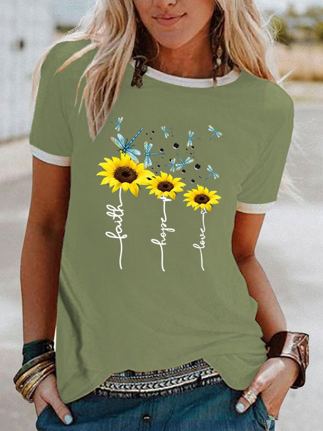 wish sunflower dragonfly pattern printing contrast color short sleeve t-shirt - Image 5