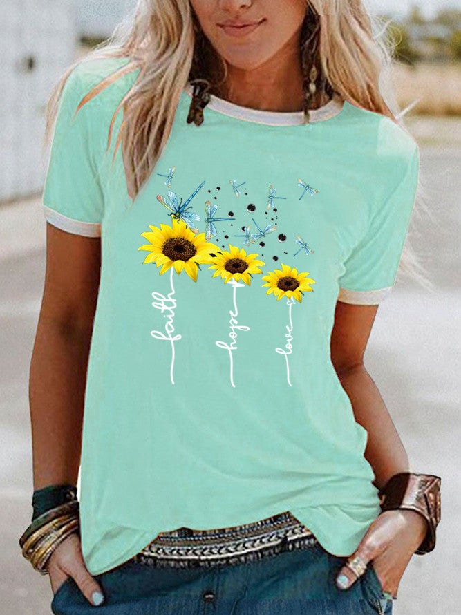 wish sunflower dragonfly pattern printing contrast color short sleeve t-shirt - Image 3
