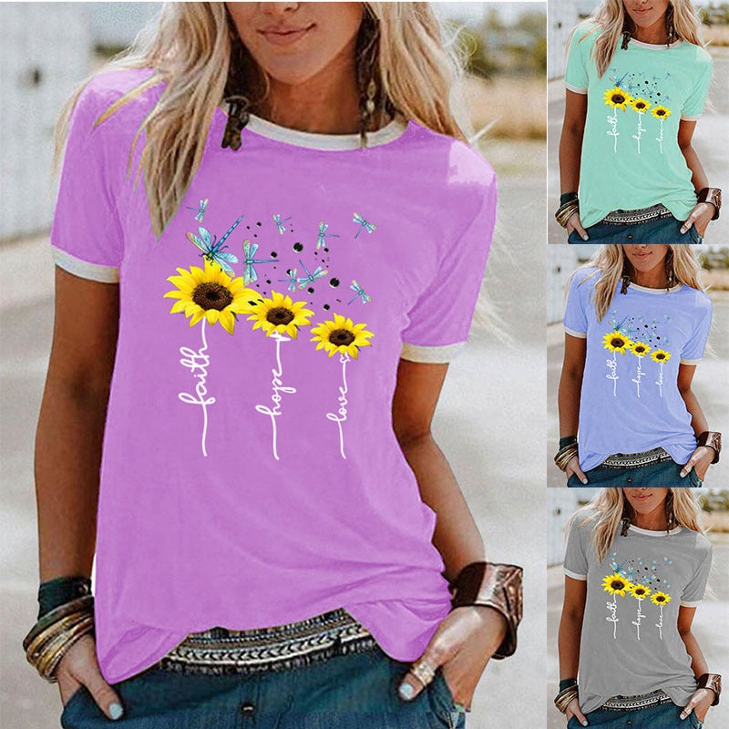 wish sunflower dragonfly pattern printing contrast color short sleeve t-shirt - Image 2