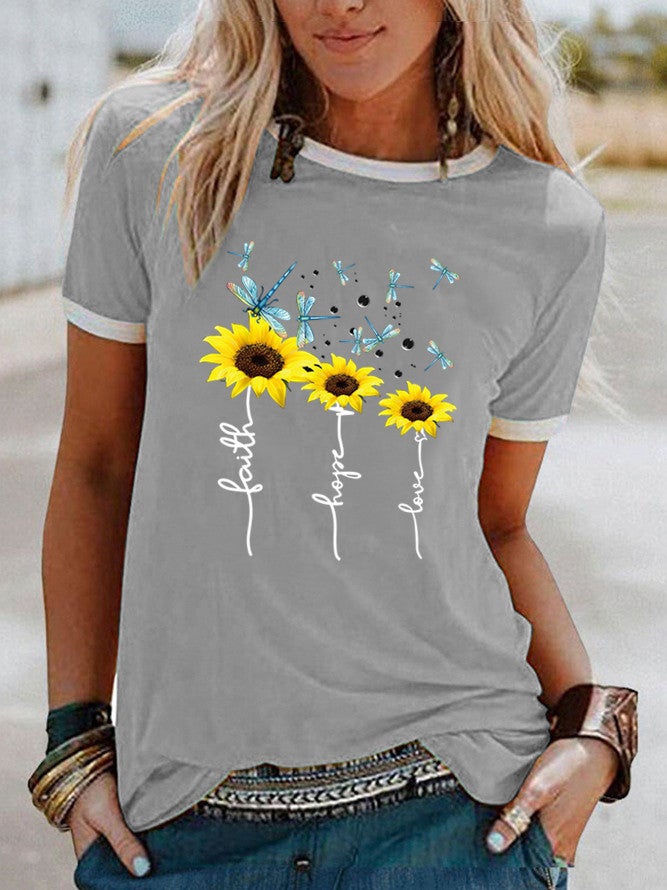 wish sunflower dragonfly pattern printing contrast color short sleeve t-shirt - Image 1