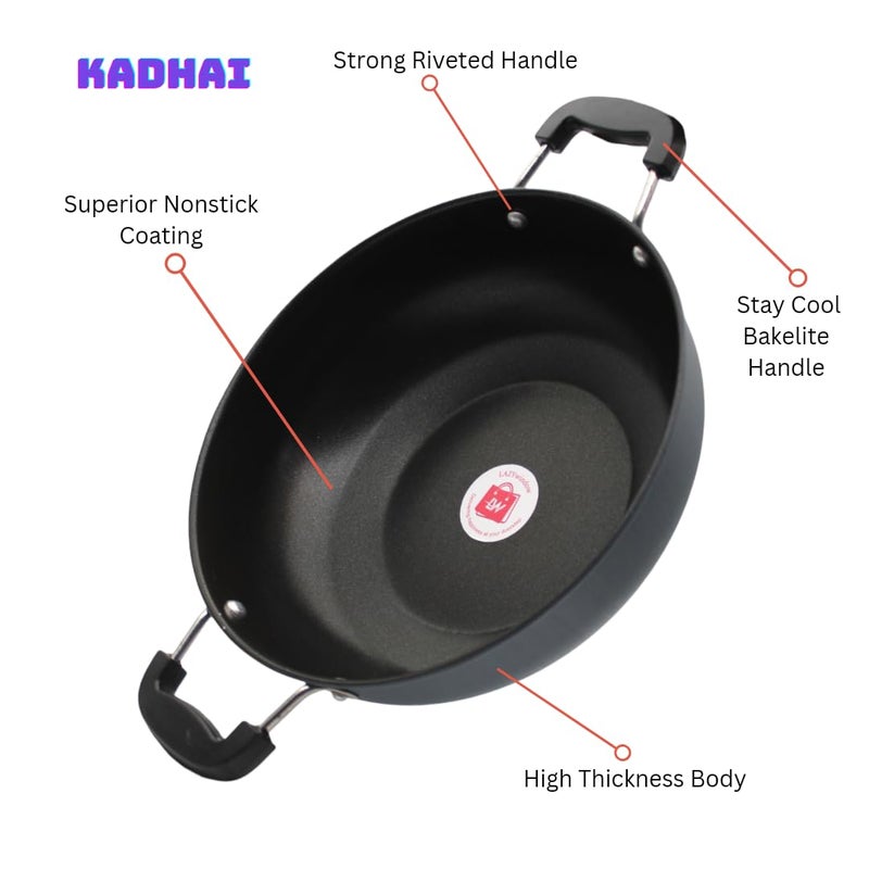 LAZYwindow Nonstick Cookware Combo - 24cm Tawa & 23cm Kadhai, Sleek Black Design for Versatile Cooking - Image 4