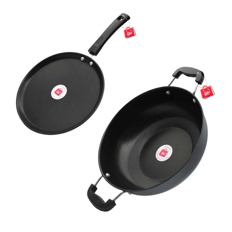 LAZYwindow Nonstick Cookware Combo - 24cm Tawa & 23cm Kadhai, Sleek Black Design for Versatile Cooking - Image 1