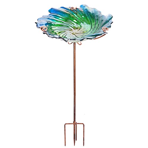 MUMTOP Glass Bird Baths for Outdoors Garden Bird Bath Bowl with Metal Stake Birdbaths for Outside Yard Outdoor Green - Image 1