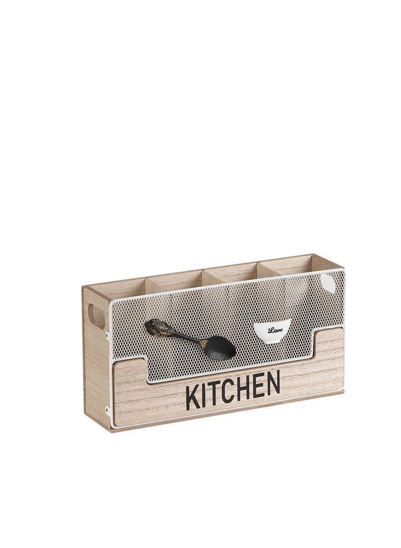 Kitchen Counter Utensil Holder Black Metal paired with Wood Flatware Organizer 4 Compartments for Spatula Crock Cutlery Caddy Forks, Spoons, Knives, Farmhouse Bin Storage Box - Image 2