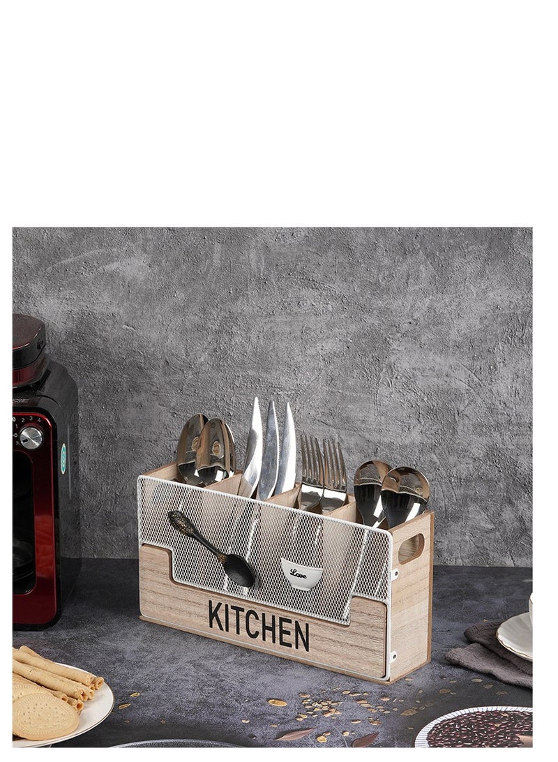 Kitchen Counter Utensil Holder Black Metal paired with Wood Flatware Organizer 4 Compartments for Spatula Crock Cutlery Caddy Forks, Spoons, Knives, Farmhouse Bin Storage Box - Image 1