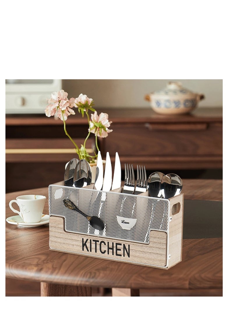 Kitchen Counter Utensil Holder Black Metal paired with Wood Flatware Organizer 4 Compartments for Spatula Crock Cutlery Caddy Forks, Spoons, Knives, Farmhouse Bin Storage Box - Image 3