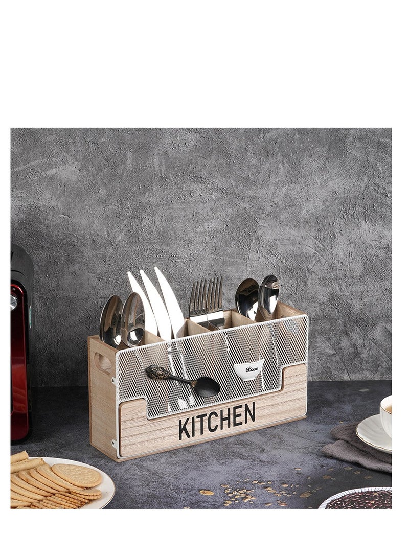 Kitchen Counter Utensil Holder Black Metal paired with Wood Flatware Organizer 4 Compartments for Spatula Crock Cutlery Caddy Forks, Spoons, Knives, Farmhouse Bin Storage Box - Image 4