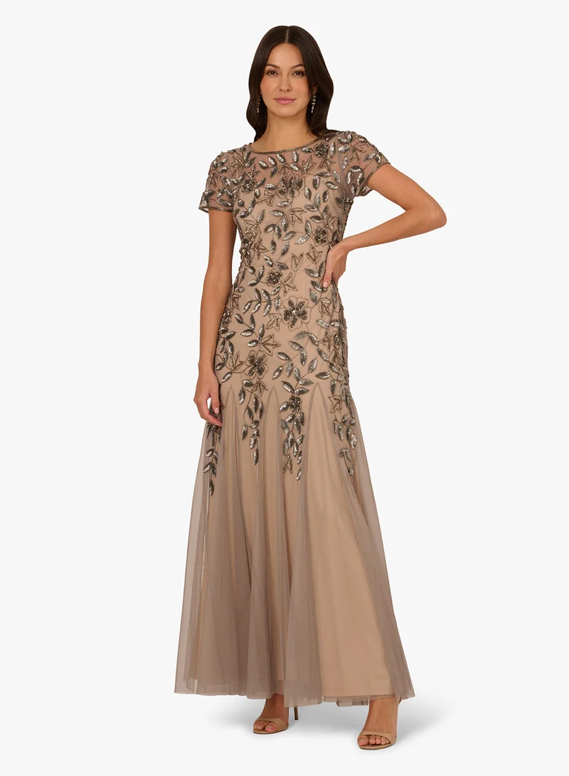 Adrianna Papell Floral Beaded Gown Dress