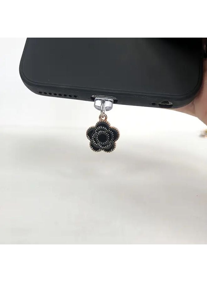 Black Flower Dust Plug For IPhone 6 14 Lightning Port USB C Charger Protector - Image 1