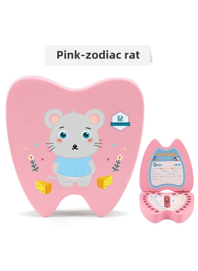 Wooden Children's Nipple Storage Box Baby Tooth Change Storage Box Tooth Loss Commemorative Collection Box Creative Toddler Gift-Color:Pink Zodiac Mouse  - Image 1