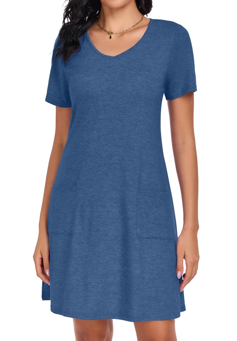CHICGAL Summer Dresses for Women V Neck Short Sleeve Casual Loose T Shirt Sundress Beach Cover Ups with Pockets(Blue, L) - Image 5