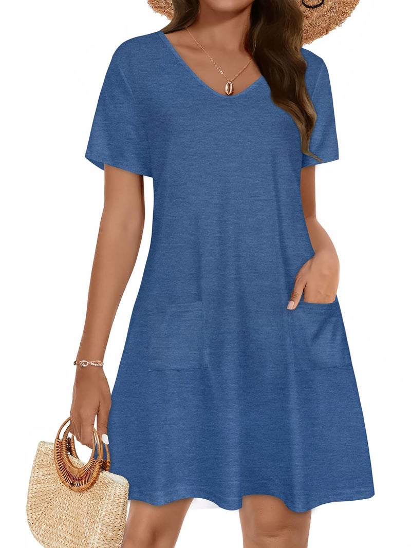 CHICGAL Summer Dresses for Women V Neck Short Sleeve Casual Loose T Shirt Sundress Beach Cover Ups with Pockets(Blue, L) - Image 1