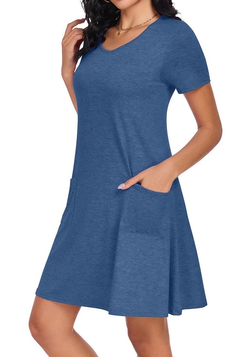 CHICGAL Summer Dresses for Women V Neck Short Sleeve Casual Loose T Shirt Sundress Beach Cover Ups with Pockets(Blue, L) - Image 3