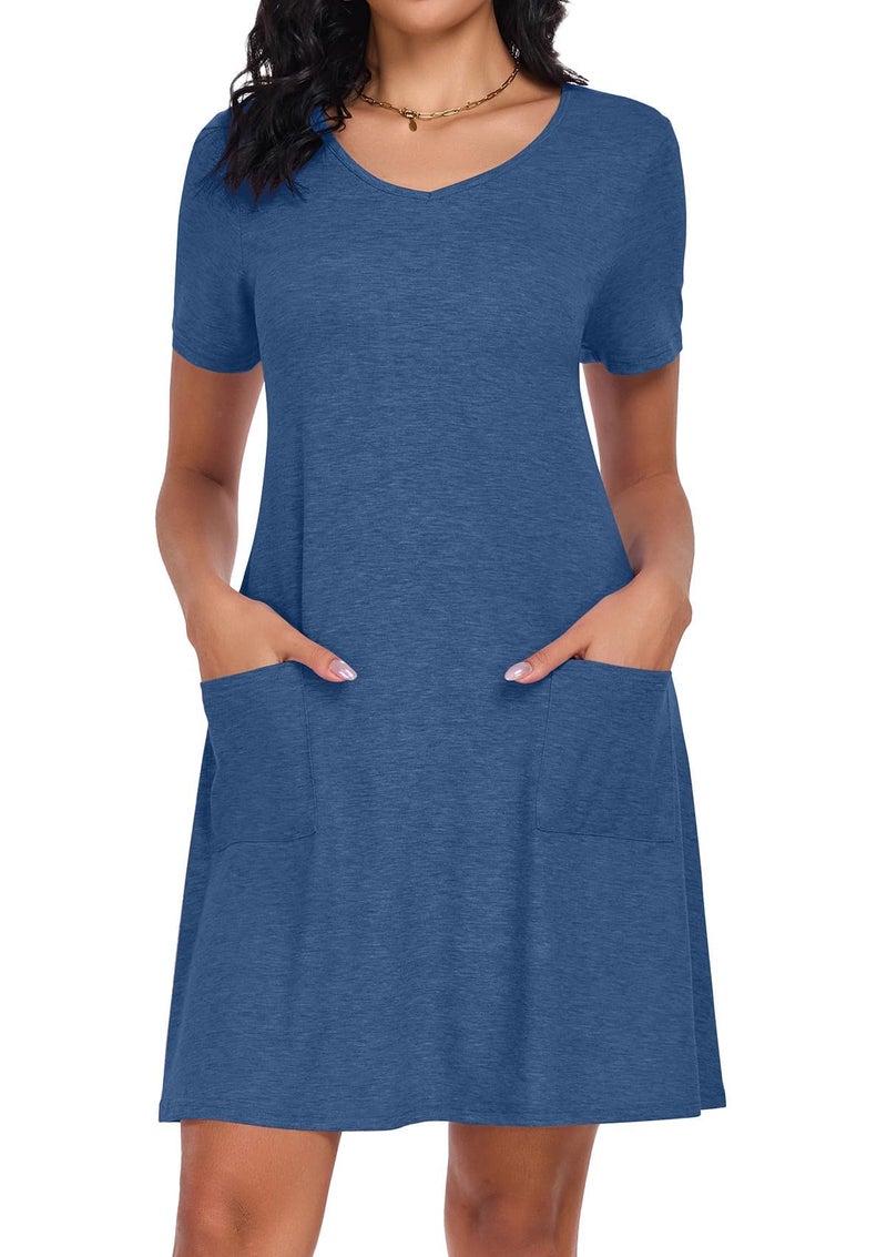 CHICGAL Summer Dresses for Women V Neck Short Sleeve Casual Loose T Shirt Sundress Beach Cover Ups with Pockets(Blue, L) - Image 2