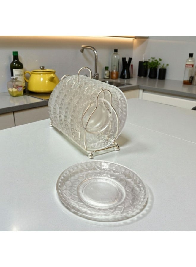 طقم صحون تقديم حلى زجاجية صغيرة شفاف منقوش 6 قطع بستاند أنيق للضيافة 11.5 سم مع حامل معدني - Image 1