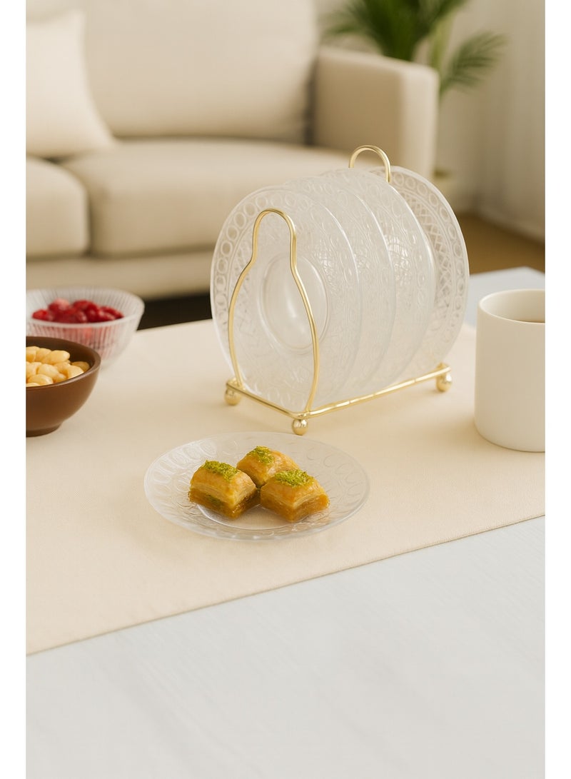 طقم صحون تقديم حلى زجاجية صغيرة شفاف منقوش 6 قطع بستاند أنيق للضيافة 11.5 سم مع حامل معدني - Image 2