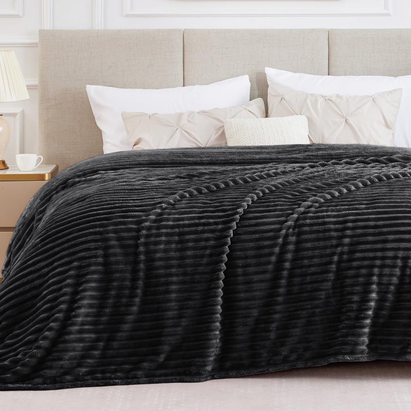 BEDELITE King Size Blanket for Bed, 300GSM Soft & Warm Fleece Blanket, Decorative and Giftable Striped Black Blankets for Women, Men, 108"x90" - Image 1