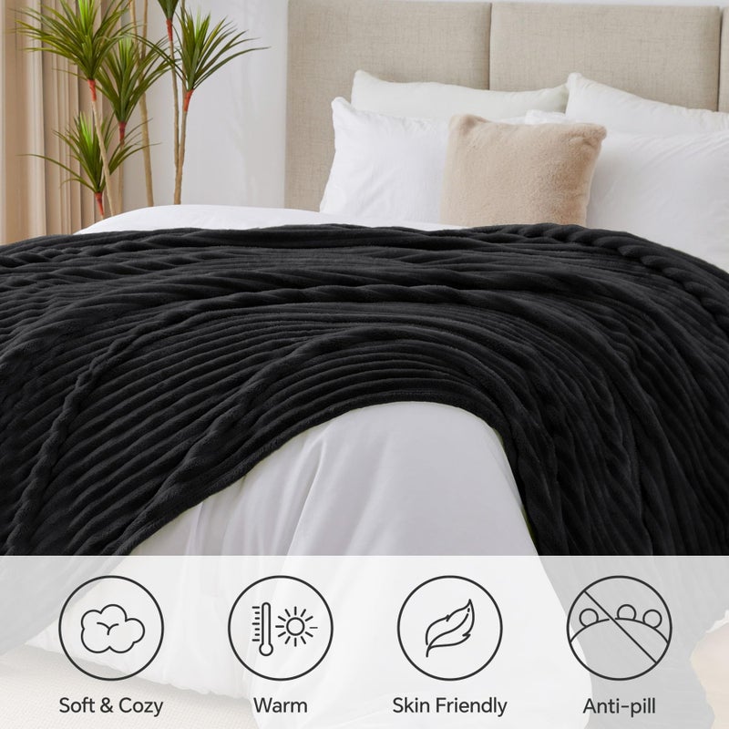 BEDELITE King Size Blanket for Bed, 300GSM Soft & Warm Fleece Blanket, Decorative and Giftable Striped Black Blankets for Women, Men, 108"x90" - Image 2