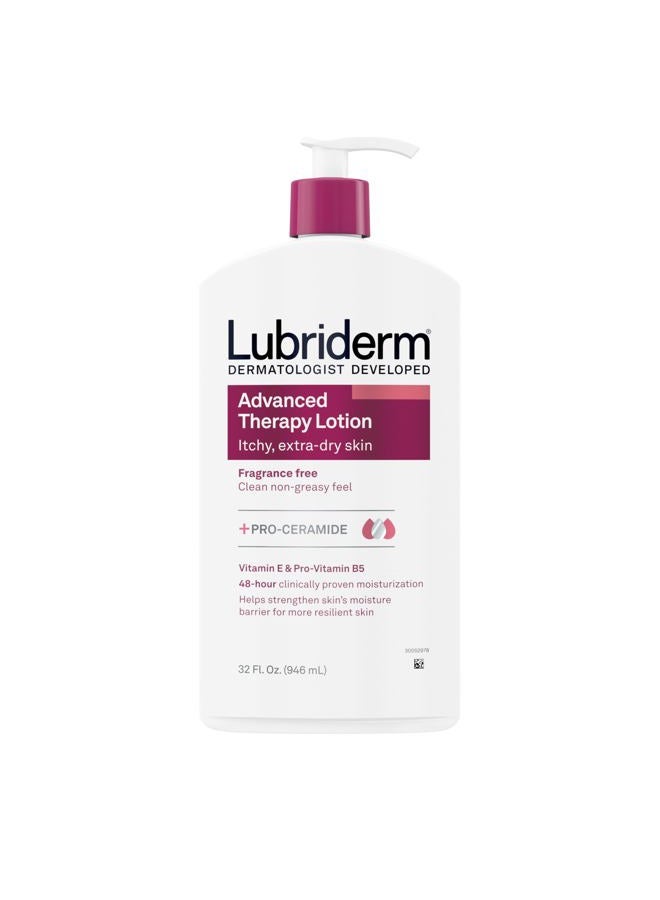 Lubriderm Advanced Therapy Moisturizing Hand and Body Lotion + Pro-Ceramide with Vitamin E and Pro-Vitamin B5, Non-Greasy, Fragrance-Free, Intense Hydration for Itchy, Extra Dry Skin, 32 FL OZ - Image 1