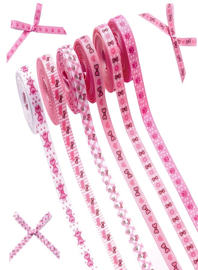 Pineraap 6 Rolls Pink Grosgrain Ribbons Set, 30 Yards 3/8" Wide Craft Ribbons for Gift Wrapping, Cute Paw Print & Bow Pattern for Birthday, Pet Party Decorations, Baby Shower, DIY Hair Bows and Craft - Image 1