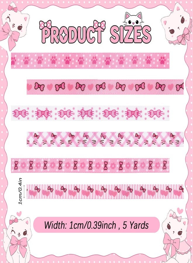 Pineraap 6 Rolls Pink Grosgrain Ribbons Set, 30 Yards 3/8" Wide Craft Ribbons for Gift Wrapping, Cute Paw Print & Bow Pattern for Birthday, Pet Party Decorations, Baby Shower, DIY Hair Bows and Craft - Image 3