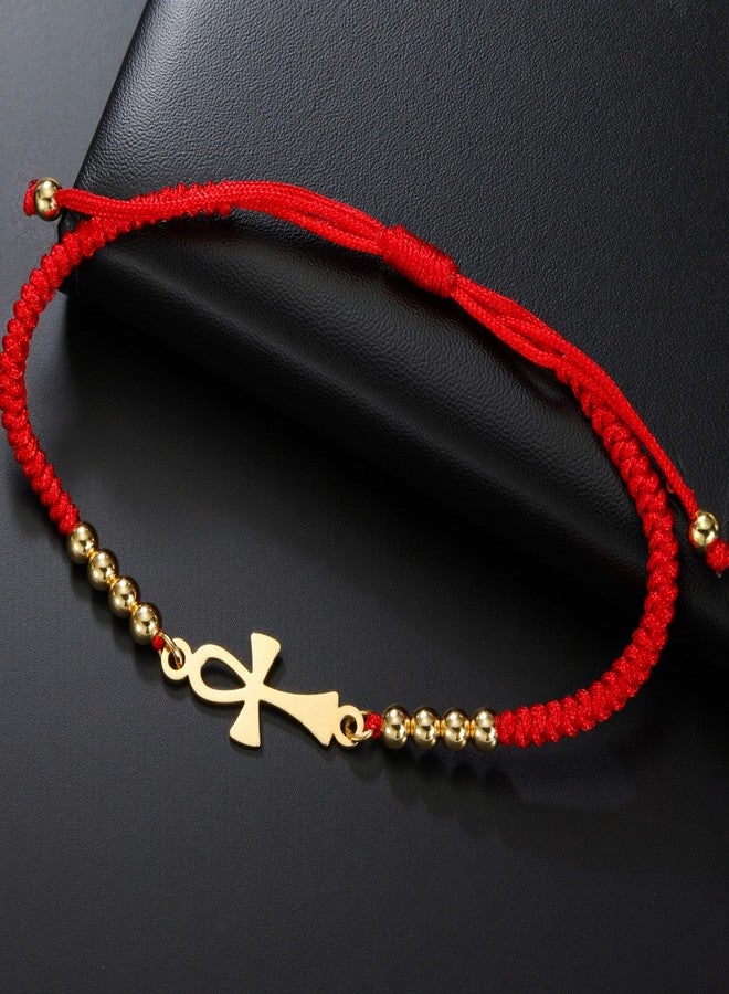 EUEAVAN Ankh Cross Bracelet Egyptian Handmade Braided Bead Couple Bracelet Key of Life Adjustable Religious Cross Anklet Ancient Egypt Amulet Jewelry Gift Women Men (gold-red) - Image 5