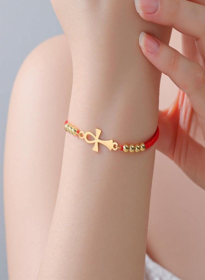 EUEAVAN Ankh Cross Bracelet Egyptian Handmade Braided Bead Couple Bracelet Key of Life Adjustable Religious Cross Anklet Ancient Egypt Amulet Jewelry Gift Women Men (gold-red) - Image 2