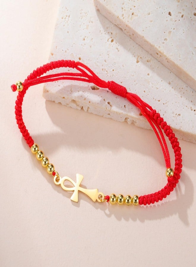 EUEAVAN Ankh Cross Bracelet Egyptian Handmade Braided Bead Couple Bracelet Key of Life Adjustable Religious Cross Anklet Ancient Egypt Amulet Jewelry Gift Women Men (gold-red) - Image 3