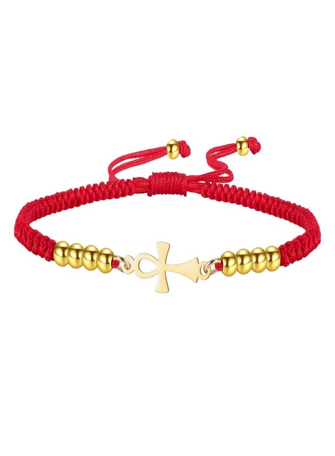 EUEAVAN Ankh Cross Bracelet Egyptian Handmade Braided Bead Couple Bracelet Key of Life Adjustable Religious Cross Anklet Ancient Egypt Amulet Jewelry Gift Women Men (gold-red) - Image 1