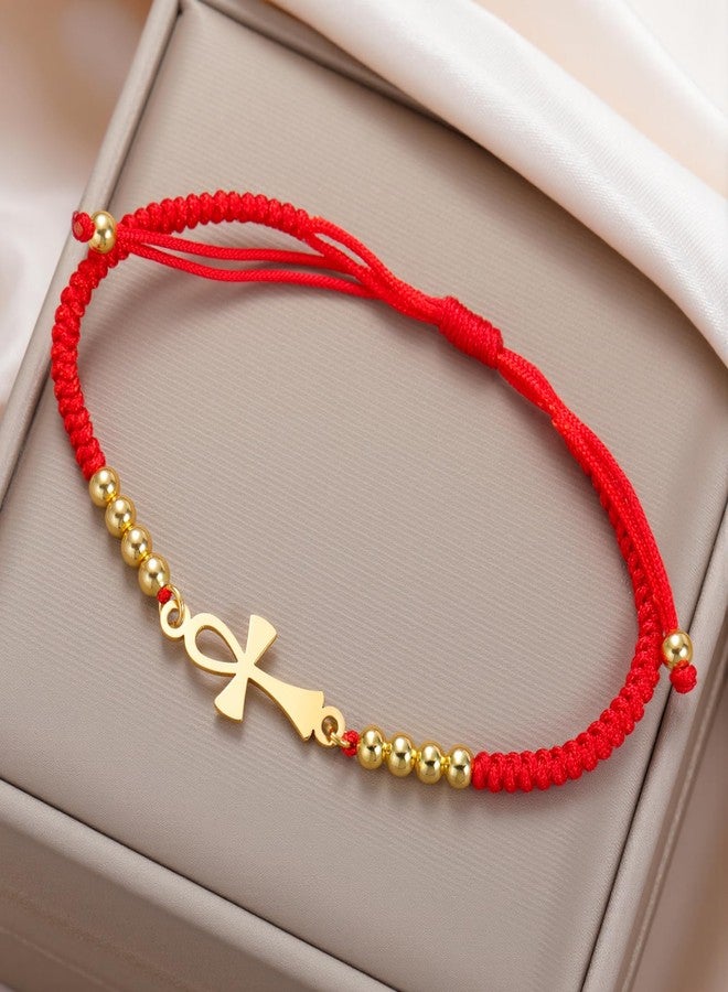 EUEAVAN Ankh Cross Bracelet Egyptian Handmade Braided Bead Couple Bracelet Key of Life Adjustable Religious Cross Anklet Ancient Egypt Amulet Jewelry Gift Women Men (gold-red) - Image 4