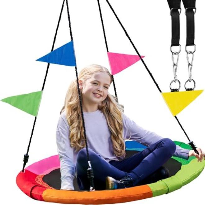 40 Inch Saucer Tree Swing for Kids and Adults – Convertible Indoor Outdoor Play Seat with Weather Resistant Oxford Fabric Hanging Kit – Supports 900 lbs Family Backyard Patio Use - Image 1