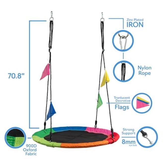 40 Inch Saucer Tree Swing for Kids and Adults – Convertible Indoor Outdoor Play Seat with Weather Resistant Oxford Fabric Hanging Kit – Supports 900 lbs Family Backyard Patio Use - Image 2
