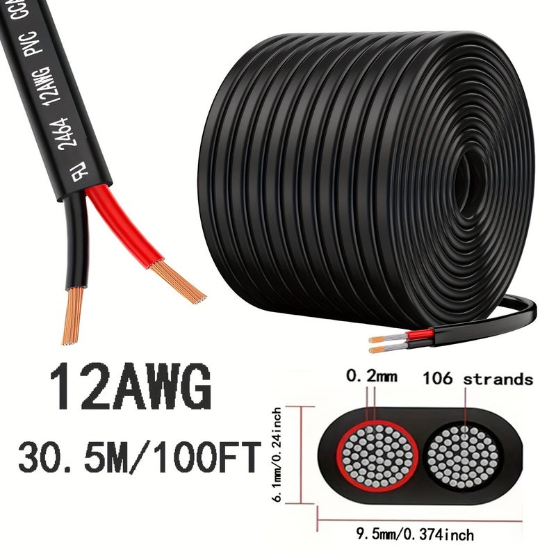 1 قطعة سلك كهربائي مزدوج الموصل بقياس 12 مقياسًا (12 AWG) بسعة 3.3 مم²، كابل PVC بطول 15.3 متر (50 قدم)، جهد منخفض 12 فولت / 24 فولت تيار مستمر، من الألومنيوم المغطى بالنحاس (CCA)، سلك سيارات، لإضاءة شريط LED، وإضاءة بحرية. - Image 4