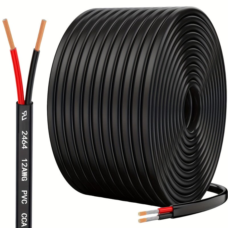 1 قطعة سلك كهربائي مزدوج الموصل بقياس 12 مقياسًا (12 AWG) بسعة 3.3 مم²، كابل PVC بطول 15.3 متر (50 قدم)، جهد منخفض 12 فولت / 24 فولت تيار مستمر، من الألومنيوم المغطى بالنحاس (CCA)، سلك سيارات، لإضاءة شريط LED، وإضاءة بحرية. - Image 1