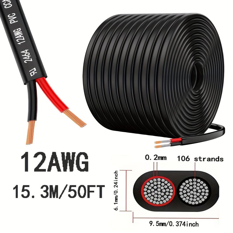 1 قطعة سلك كهربائي مزدوج الموصل بقياس 12 مقياسًا (12 AWG) بسعة 3.3 مم²، كابل PVC بطول 15.3 متر (50 قدم)، جهد منخفض 12 فولت / 24 فولت تيار مستمر، من الألومنيوم المغطى بالنحاس (CCA)، سلك سيارات، لإضاءة شريط LED، وإضاءة بحرية. - Image 5