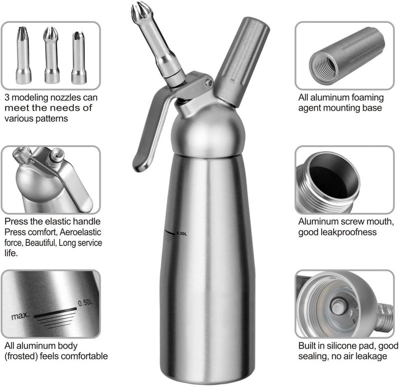 Kupadio Professional Aluminum Whipped Cream Dispenser Cream Maker 500mL (1 Pint) for Desserts Gourmet Cream Whipper with 3 Decorating Nozzles - Image 2