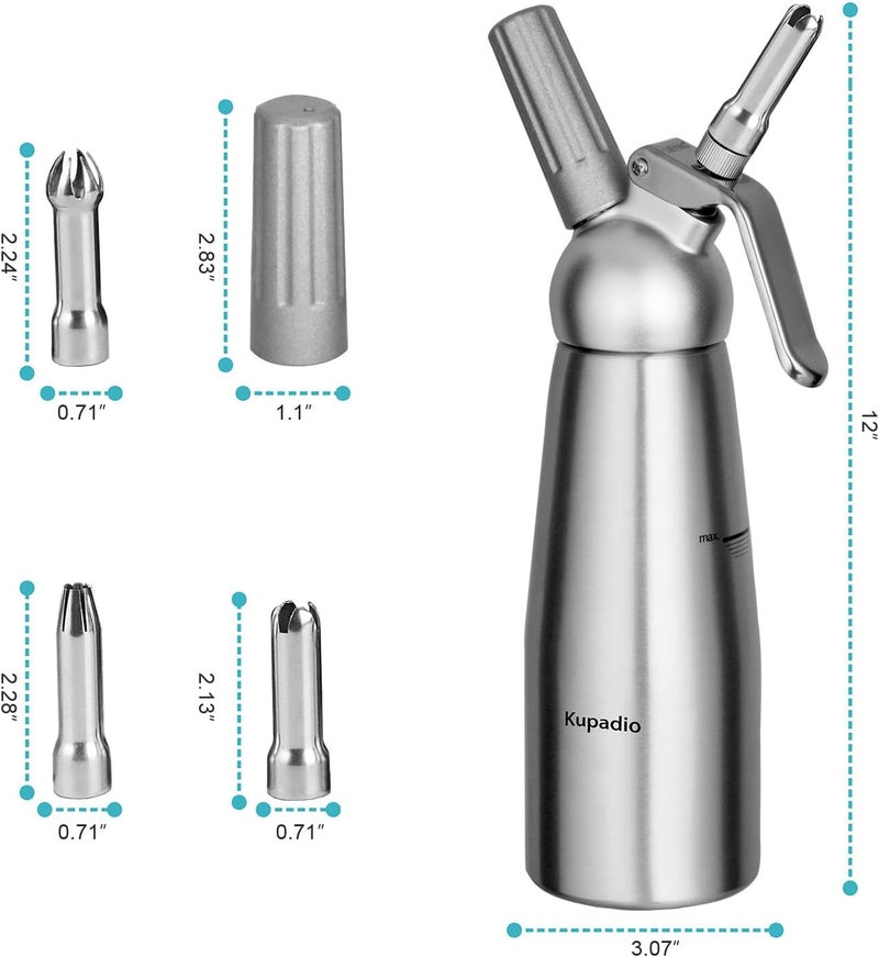 Kupadio Professional Aluminum Whipped Cream Dispenser Cream Maker 500mL (1 Pint) for Desserts Gourmet Cream Whipper with 3 Decorating Nozzles - Image 5