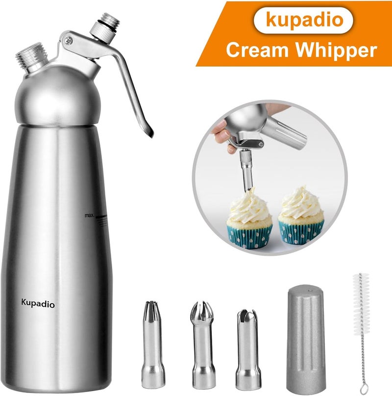 Kupadio Professional Aluminum Whipped Cream Dispenser Cream Maker 500mL (1 Pint) for Desserts Gourmet Cream Whipper with 3 Decorating Nozzles - Image 3