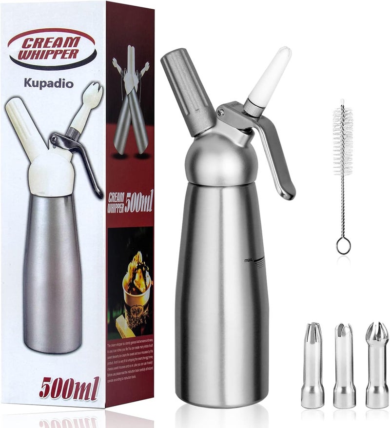 Kupadio Professional Aluminum Whipped Cream Dispenser Cream Maker 500mL (1 Pint) for Desserts Gourmet Cream Whipper with 3 Decorating Nozzles - Image 1