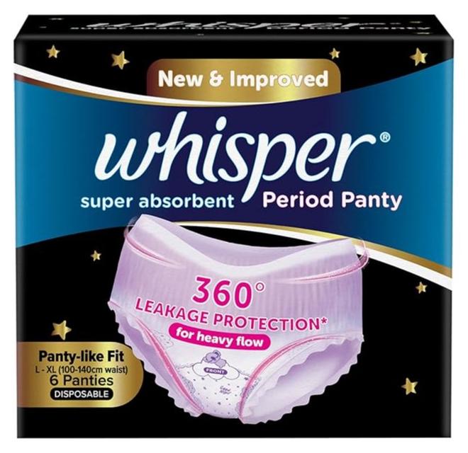 Whisper Super Absorbent Period Panty, 6 L-XL Pants, 360 Degree Leakage Protection for Heavy Flow, Panty like Fit for Full back Coverage, Absorbs Heavy Gushes, Silky Soft, Comfortable Feel-Women - Image 1