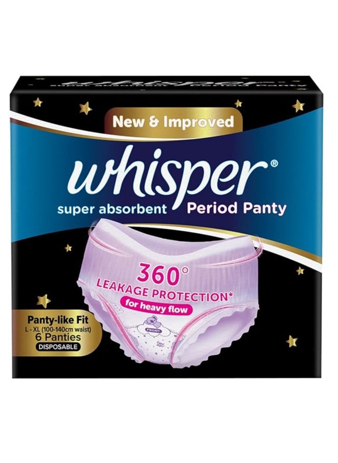 Whisper Whisper Super Absorbent Period Panty, 6 L-XL Pants, 360 Degree Leakage Protection for Heavy Flow, Panty like Fit for Full back Coverage, Absorbs Heavy Gushes, Silky Soft, Comfortable Feel-Women  - Image 1