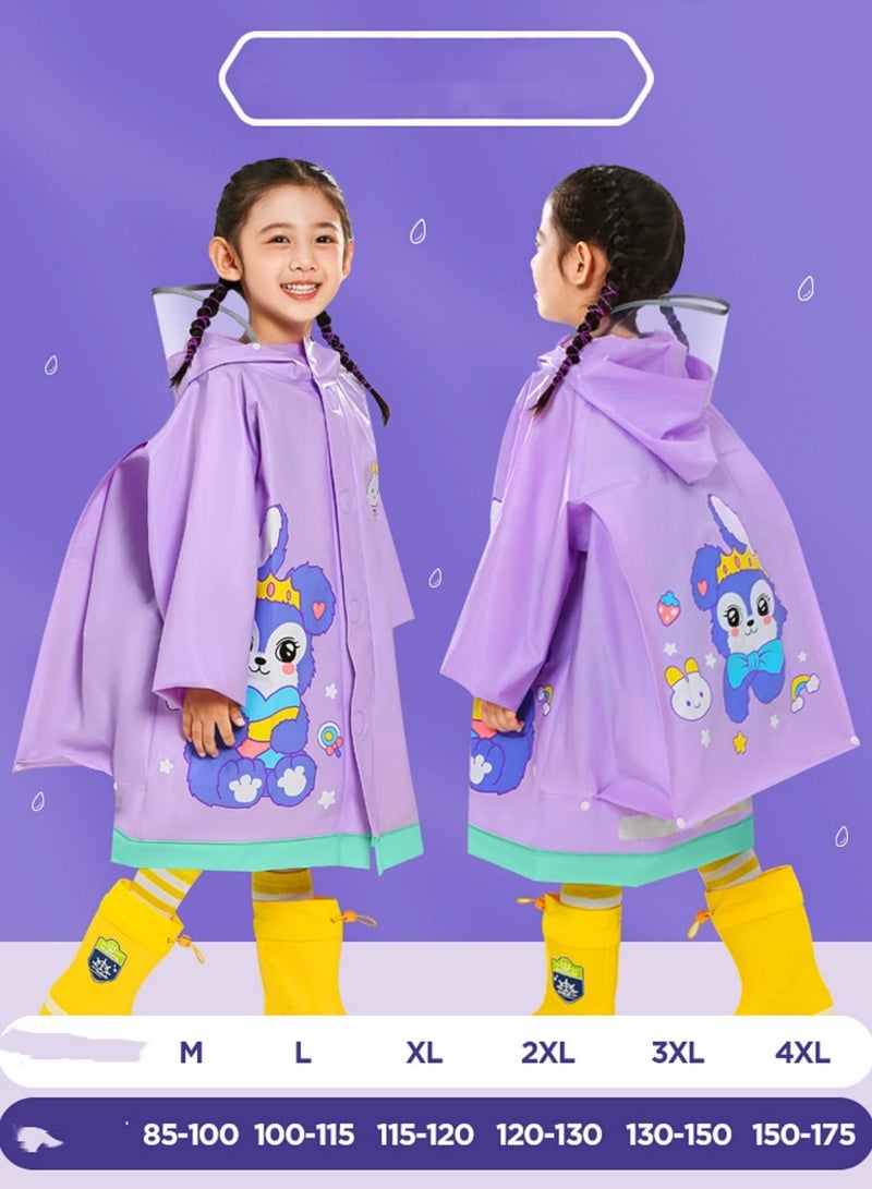 Loquat Children's Raincoat Waterproof Fashion Cartoon Schoolbag Bit Large Brim Transparent Poncho Purple 
