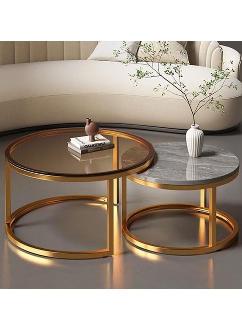 DubaiGallery Modern Living Room Coffe Table Nesting Coffee Table Set of 2,Modern Side Table,Round Tempered Glass Marble Texture Stackable Coffee Tables,Living Room Sofa Table, Metal Frame - Image 2