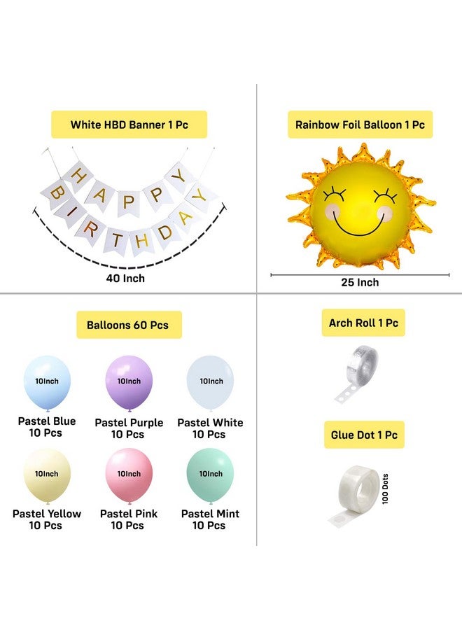 بارتي بروبس زينة عيد ميلاد بطابع قوس قزح من بارتي بروبس - 64 قطعة، متعددة الألوان للبنات والأولاد | ديكورات أعياد ميلاد ملونة | رقائق معدنية، بالونات باستيل، لافتة (ورق مقوى)، نقطة لاصقة، شريط قوس - Image 2