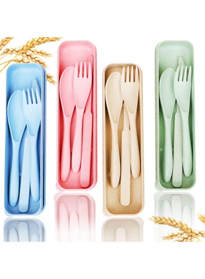 4 Sets Reusable Travel Utensils, Wheat Straw Portable Cutlery with Case, Knife Fork Spoons Tableware, Eco-Friendly & BPA Free (Green, Beige, Pink, Blue) - Image 1