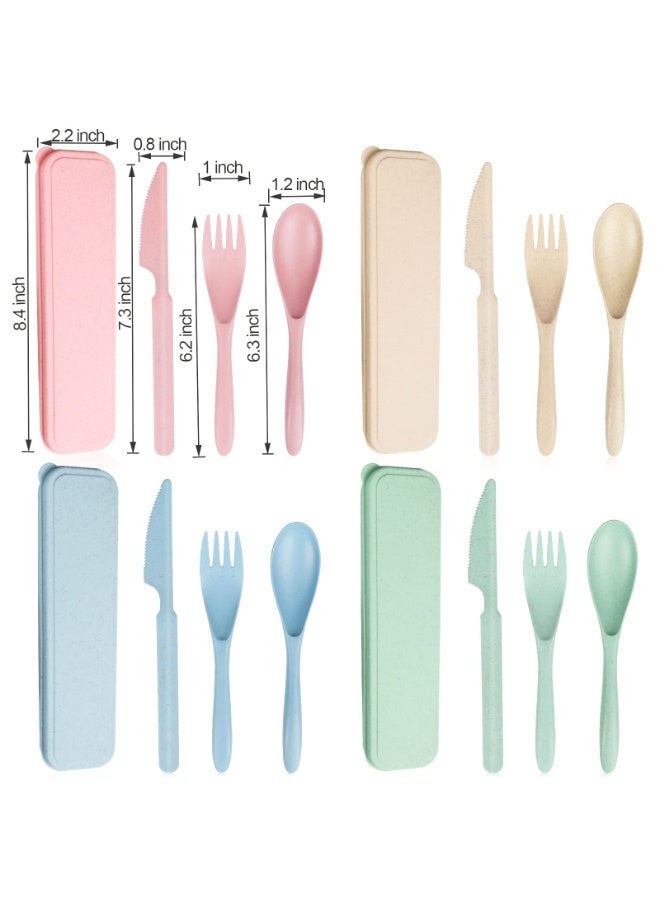 4 Sets Reusable Travel Utensils, Wheat Straw Portable Cutlery with Case, Knife Fork Spoons Tableware, Eco-Friendly & BPA Free (Green, Beige, Pink, Blue) - Image 4