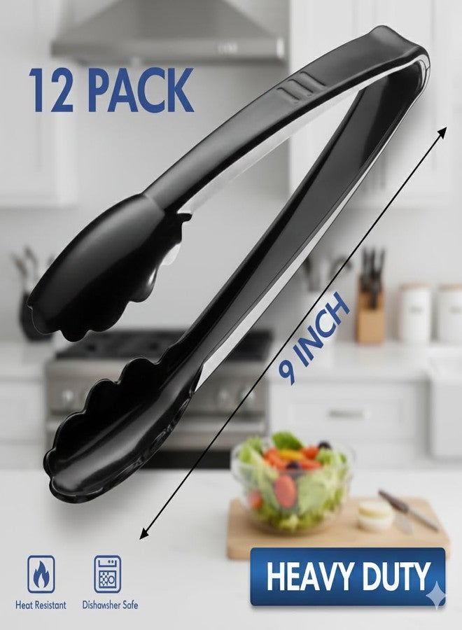 JoyServe Plastic Tongs for Serving (Pack of 12) 9 Inch - Heavy-Duty Hard Plastic Reusable or Disposable Serving Tongs for Catering, Dinner Parties, Banquets, Buffets, Events, Weddings and Everyday Use, Black - Image 2