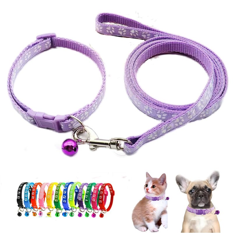 WeimoMonkey XXS Dog Collar with Bell Leash Set, Nylon Basic Reflective Puppy Collars Paw Print for Boys Girls Xs Small Cat Pet Animal Litter Tiny Kitten,Pale Purple - Image 1